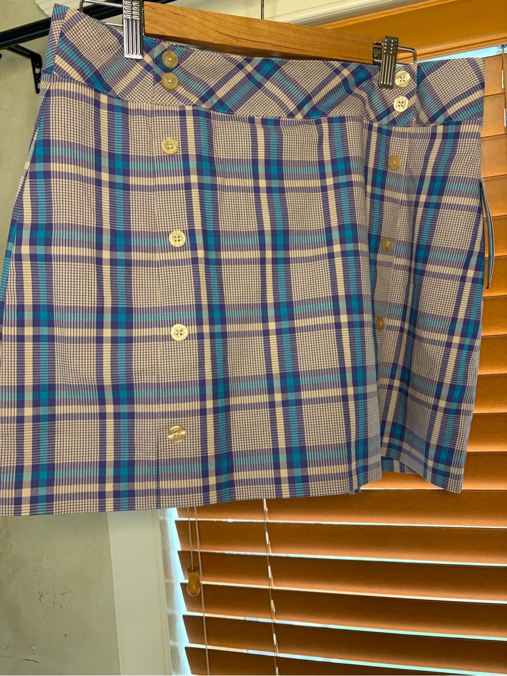 Lady Hagen Blue and Cream Plaid Button-Front Mini Golf Skirt